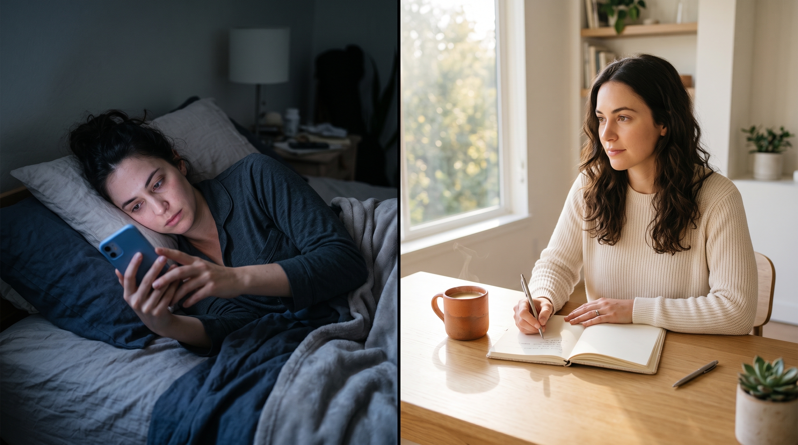 Split image showing a woman using her phone in bed and the same woman journaling at a desk with coffee.